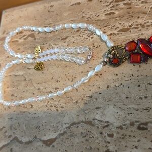 Artisan 50s Red Vintage Faceted Glass Pendant On A Pearl Crystal Chain Necklace